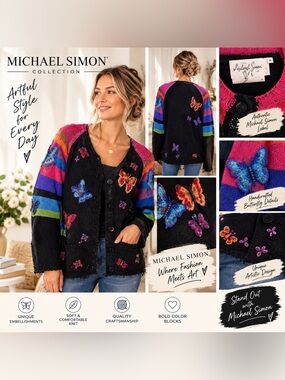 Vintage Michael Simon M Embroidered Butterfly Sweater cardigan-Colorful
